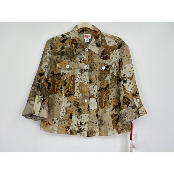 Ruby Rd. Burnout Button Roll Tab Sleeve Jacket Tan Brown 14 Petite NEW - Picture 1 of 5